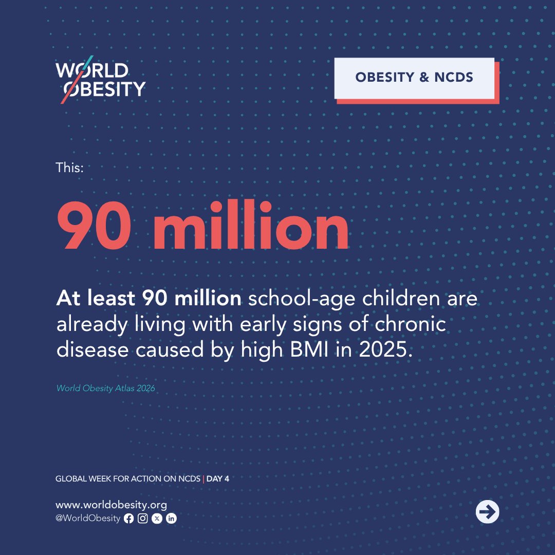 WorldObesity's tweet photo. At least 90 million children are already showing early signs of chronic disease caused by high BMI. This is what inaction looks like. 🏛️  

#GlobalWeekForAction2026 #NCDs #ObesityIsADisease  #ActOnNCDs https://t.co/qQ4rK3Qs5y