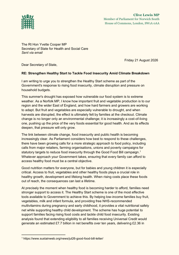 labourlewis's tweet photo. With food prices continuing to rise, it is more important than ever to take a strategic approach to food policy.

A resilient food system is not just one that produces enough food. It is one that ensures everyone can afford a healthy diet, even when climate and economic shocks put pressure on household budgets.

Expanding Healthy Start would be a practical and effective first step.

That's why I've written to the Health Secretary, calling for Healthy Start to be strengthened and expanded, helping to build Britain's resilience and ensure that nobody is priced out of healthy food.

@UKSustain