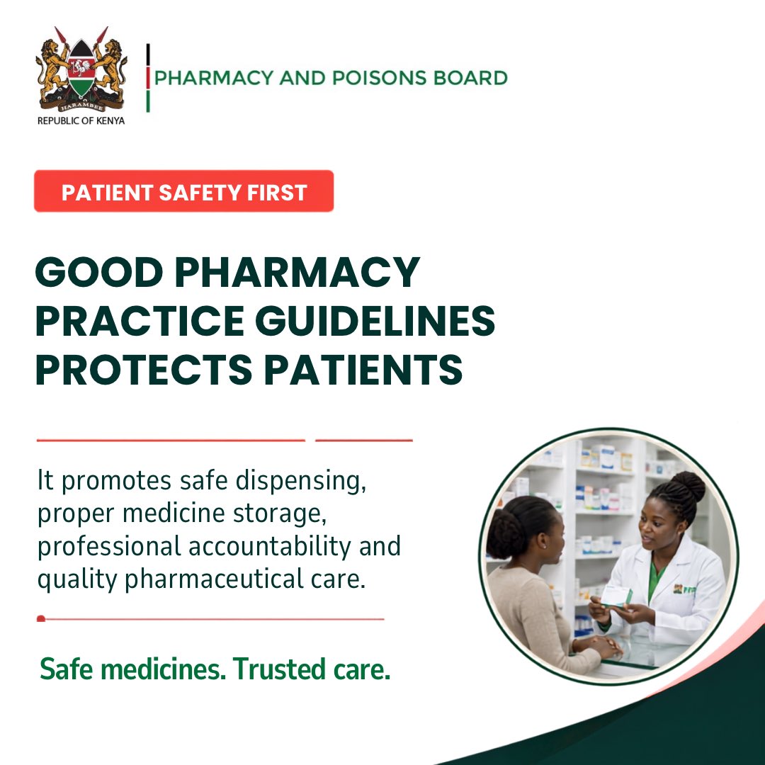 ppbkenya's tweet photo. Every patient deserves medicines that are properly stored, safely dispensed and supported by professional care. The Good Pharmacy Practice Guidelines strengthen these safeguards across pharmaceutical services.

#KnowPPB #GoodPharmacyPractice #PatientSafety https://t.co/mnkxNeKs1t