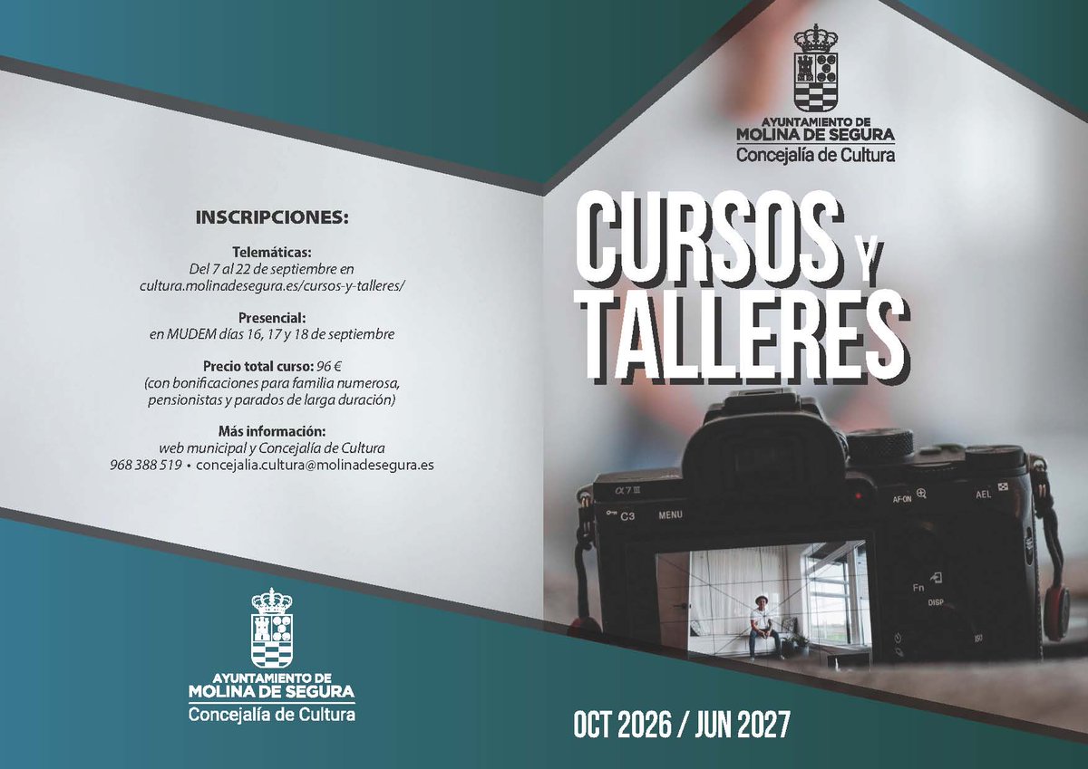 AytMolinaSegura's tweet photo. 🎨 @Cultura_Molina abre el lunes 7 de septiembre el plazo de inscripción de los dieciséis Cursos y Talleres para el periodo 2026-2027.

📆 Se puede solicitar plaza del 7 al 22 de septiembre a través de la web municipal https://t.co/6BKMaKnTu7.

https://t.co/qN2oCv9Rzh https://t.co/W0KcIALnJY