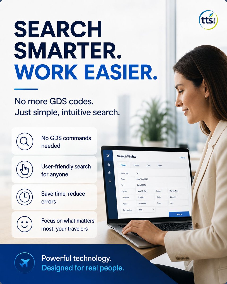 tts_travel's tweet photo. Search smarter. Work easier! 🔎✈️

Use a simple graphical interface, with no manual commands needed. Book in a few clicks, saving time and reducing errors.

Spend less time searching. More time serving your clients!

#Productivity #TTSWebAgent #TravelTech #TTS https://t.co/C4jGJzrDgu
