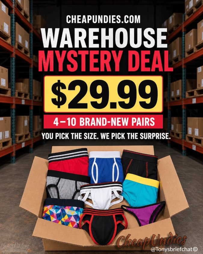 tonysbriefchat's tweet photo. Warehouse Mystery Deal•$29.99
Shop: Warehouse Mystery Deal
We pick 4–10 brand-new clearance items
10% Savings from me @Tonysbriefchat Shop with @cheapundies #cheapundies
🔹https://t.co/OwHgUIaQ69
10% off your first purchase
🔹https://t.co/fLn9Gxw9o1
#gaybriefs #gayunderwear https://t.co/dBaj5BEnyr