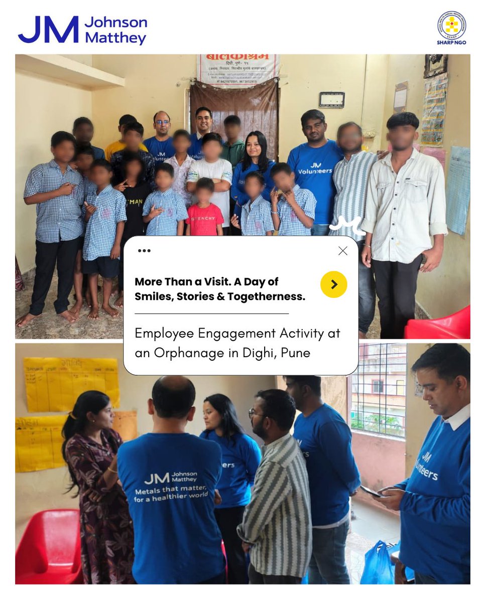 sharpngo's tweet photo. When employees come together, impact goes beyond the workplace. 
As part of an employee engagement initiative in Pune, the JM Johnson team joined hands with SHARP NGO to spend meaningful time with children, creating moments of joy, connection and care.
#EmployeeEngagement https://t.co/XqT54m48Jr