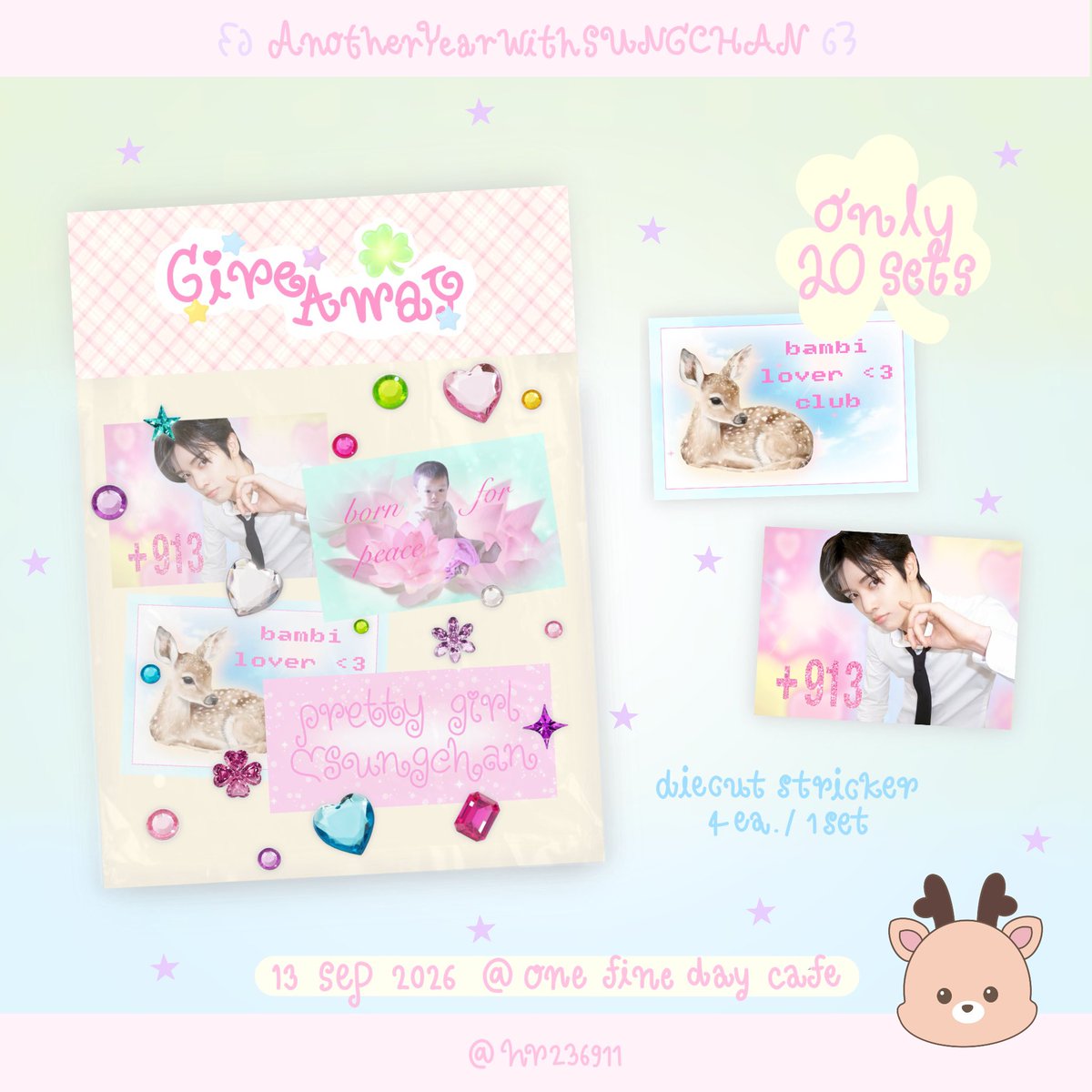 hr236911's tweet photo. ʚ pls kindly rt ɞ 

giveaway for sungchan’s birthday🐰ྀི  
👼🏻 𑣲⋆ sticker set   ꒰ only 20 sets ! ꒱

13 sep , time : tba
@ one fine day cafe 🍨

rt &amp; show this tweet  Ი𐑼 ⋆.˚

. .  🪷 for exchange pls dm 

#HAPPYSUNGCHANDAY 
#AnotherYearWithSUNGCHAN https://t.co/akKwUkAlFS