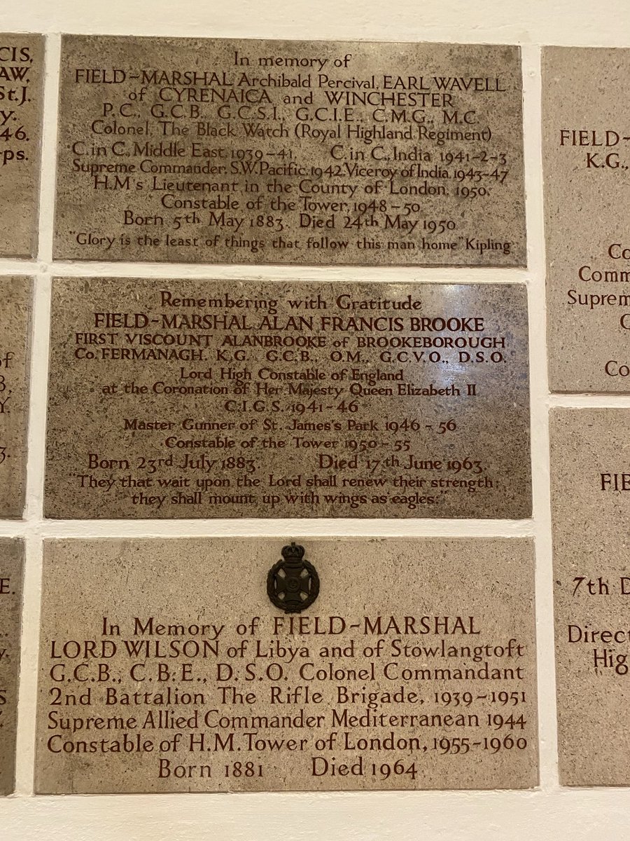 AlanWil51907824's tweet photo. Memorials to four Titans of the #SWW in the Chapel Royal #TowerofLondon - #Wavell , #Alanbrooke , “Jumbo” #Wilson (no relation) &amp; “Alex” #Alexander. https://t.co/8h6eejmBFo