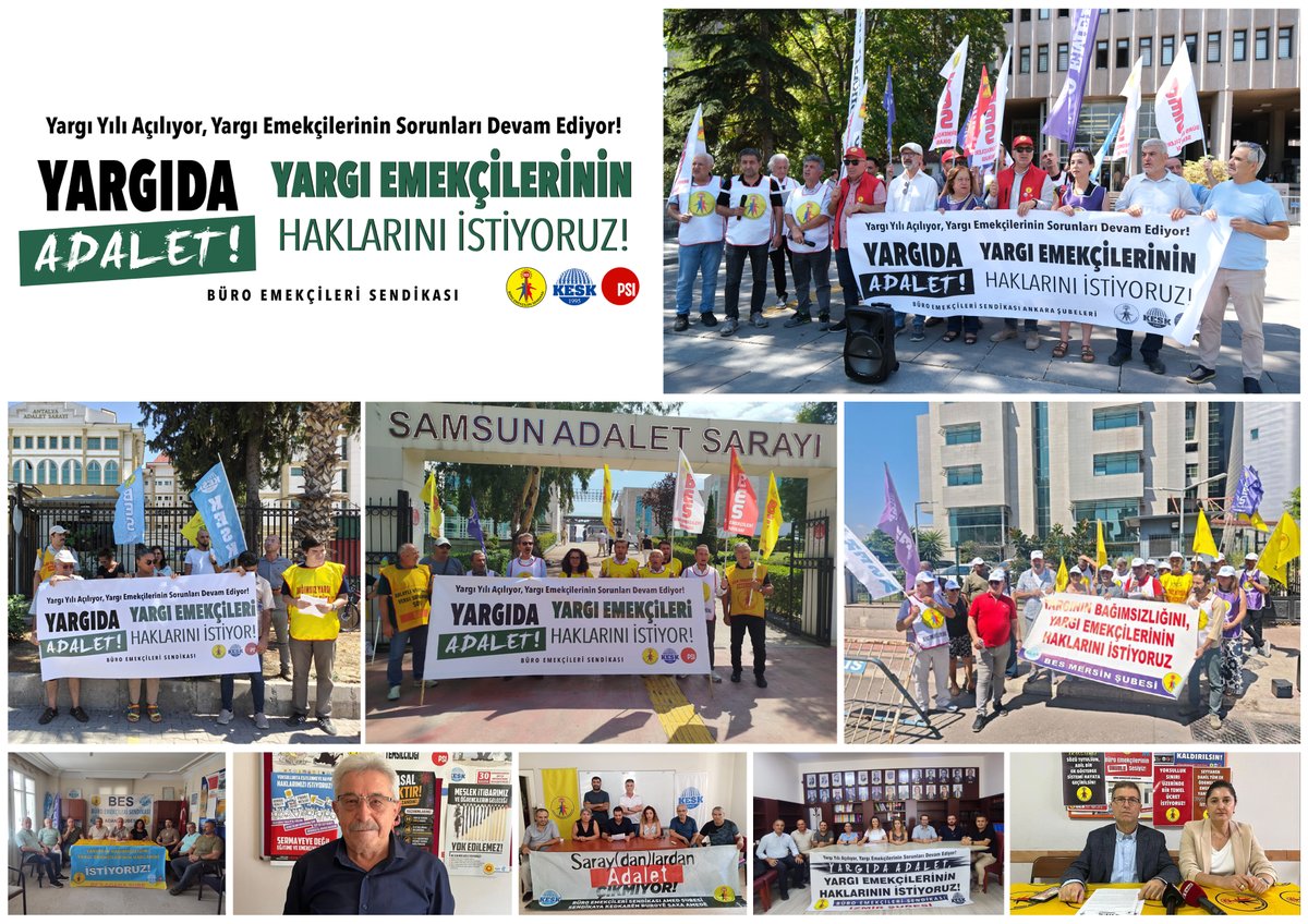 BES_Gnl_Mrk's tweet photo. ⚖️ YARGIDA ADALET, YARGI EMEKÇİLERİNİN HAKLARINI İSTİYORUZ!

Yeni adli yıl başlarken, yargı emekçilerinin yıllardır çözüm bekleyen sorunlarını bir kez daha yüksek sesle dile getirdik.

Yargı emekçilerinin sesi olmaya, haklarımız için mücadele etmeye devam edeceğiz!

📌 Basın açıklamamızın tamamı, illerde gerçekleştirilen açıklamalar ve fotoğraflar web sitemizde:
🔗 [https://t.co/ify6RcTHge]

#YargıYılı #YargıdaAdalet #YargıEmekçileri
#BESeÜyeOl #KatılDeğiştirelim