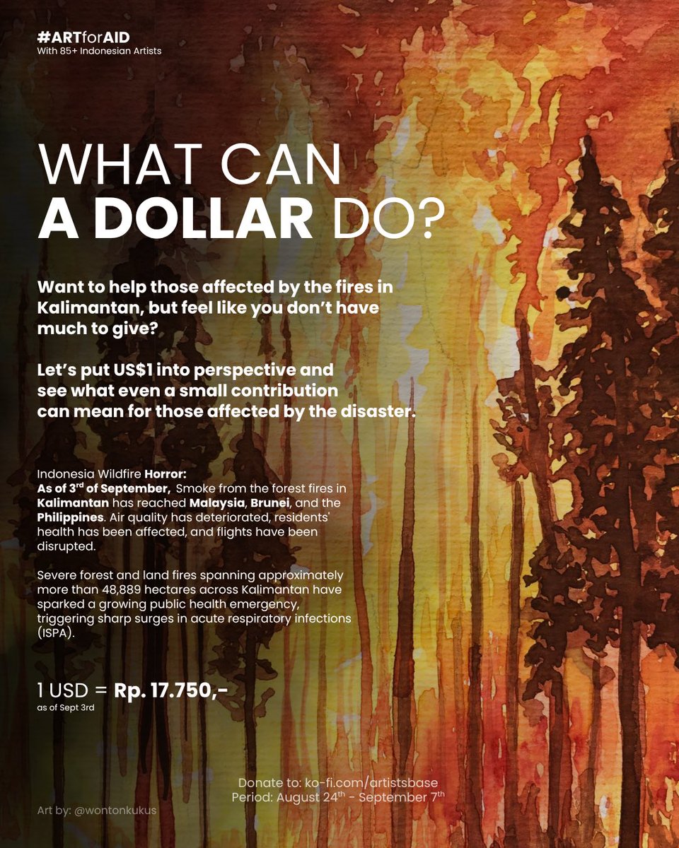 artistsbase's tweet photo. WHAT CAN A DOLLAR DO? 

​Want to help those affected by the fires in Kalimantan, but feel like you don’t have much to give?

Look! With just one dollar, you can provide this much in vital everyday essentials for those in need!

​🚨 ONLY 4 DAYS LEFT! 🚨

#ARTforAID are still open! https://t.co/r87VIJM05B