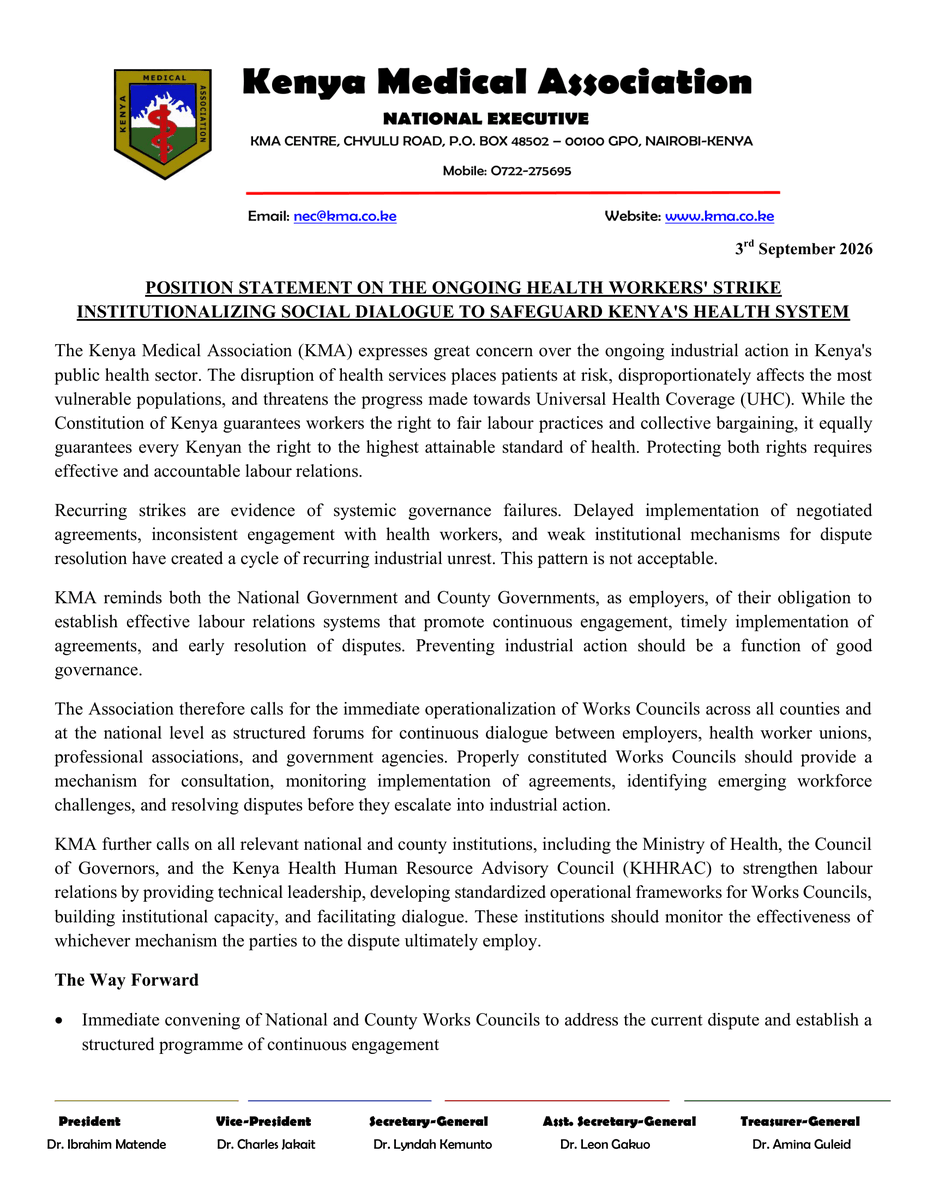 KenyaMedics_KMA's tweet photo. POSITION STATEMENT ON THE ONGOING HEALTH WORKERS' STRIKE: INSTITUTIONALIZING SOCIAL DIALOGUE TO SAFEGUARD KENYA'S HEALTH SYSTEM 

https://t.co/bZMiygfFyZ https://t.co/uQXWhSqXIs