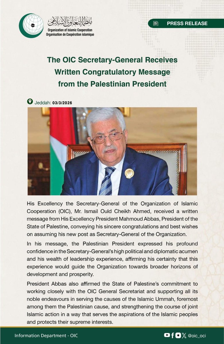 OIC_OCI's tweet photo. The #OIC Secretary-General Receives Written Congratulatory Message from the Palestinian President
#Palestine #PresidentAbbas
#SecretaryGeneral #IsmailOuldCheikhAhmed https://t.co/sr85iKS0M1