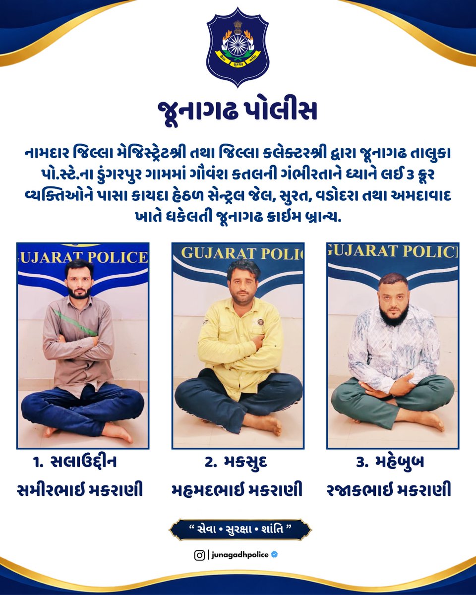 SP_Junagadh's tweet photo. જૂનાગઢ તાલુકા પો.સ્ટે.ના ડુંગરપુર ગામમાં ગૌવંશ કતલની ગંભીરતાને ધ્યાને લઈ 3 ક્રૂર વ્યક્તિઓને પાસા કાયદા હેઠળ સેન્ટ્રલ જેલ, સુરત, વડોદરા તથા અમદાવાદ ખાતે ધકેલતી જૂનાગઢ ક્રાઇમ બ્રાન્ચ.

@CMOGuj
@Harsh_Office
@GujaratPolice
@dgpgujarat
@DIG_JND_Range
#gujaratpolice #junagadhpolice https://t.co/DylKZJxKDR