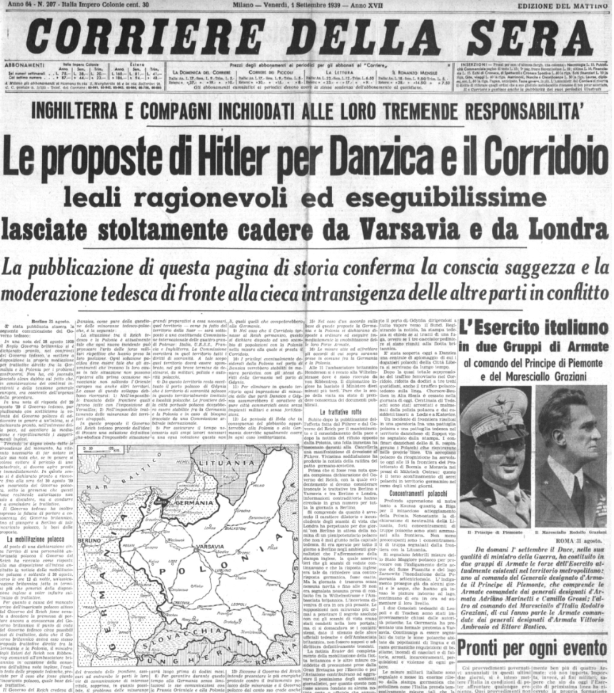 settime2588's tweet photo. Le prime pagine del fascistissimo Corriere della Sera del 1 settembre 1939 e del Fatto Quotidiano del 3 settembre 2026 a me paiono identiche.
Penso che alla redazione del Fatto tutti oggi concordino con i contenuti della pagina del Corriere del 1939. https://t.co/5opoVNQ2TG