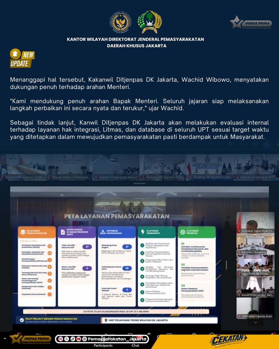 HumasPasDkJkt's tweet photo. Halo Sobat Pemasyarakatan,

⚡ Perkuat Pelayanan Publik, Pastikan Berdampak untuk Masyarakat!

Kakanwil Ditjenpas DK Jakarta bersama jajaran Ka UPT mengikuti Zoom Meeting Evaluasi dan Perbaikan Tata Kelola Pelayanan Publik Pemasyarakatan, Rabu (2/9). https://t.co/swilzx6GP1