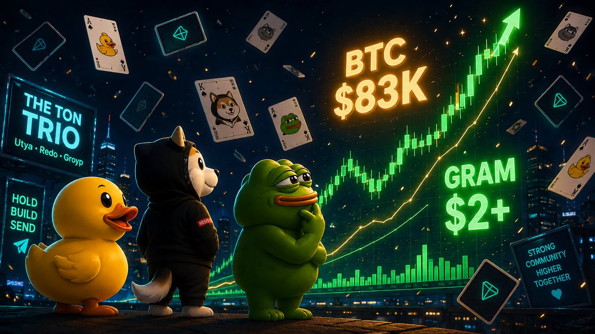 Victr369's tweet photo. Market’s holding a bullish stance but still no 100% confirmation.
Holding above $82-83k on $BTC is actually super important and I think it’s gonna happen soon then higher numbers come.

$GRAM moves a bit off the market and it’s gonna make some solid moves.
It can rip above $2 in a day, shit maybe even in a few hours.

And when $GRAM starts moving, don’t sleep on the top 3 memes on #TON, $REDO, $UTYA & $GROYP .
These could easily be among the biggest beneficiaries of the next TON meme wave.

And once these start moving, the rest of the TON memes will follow.

Durov’s got a lot of cards left to play, don’t think he’s an idiot.

Maybe he doesn’t give a fuck about memes for now, but he cares more about that 90% $GRAM supply he holds than you care about $GRAM lol

When $GRAM starts moving, it’s gonna send the memes 20-100x.