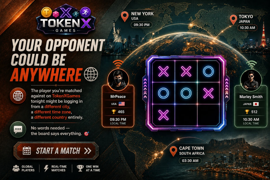 Tokenxgames's tweet photo. 🌍 Your opponent could be ANYWHERE.

Different city. 🏙️
Different country. 🌎
Different time zone. 🕐
 Same TokenXGames match. 🎮

No words needed - the board says everything. 🎯

⚡ Real-time matches
🌍 Global players
🏆 One win at a time

Ready? Start a match. 🔥

#TokenXGames #GlobalGaming #Multiplayer