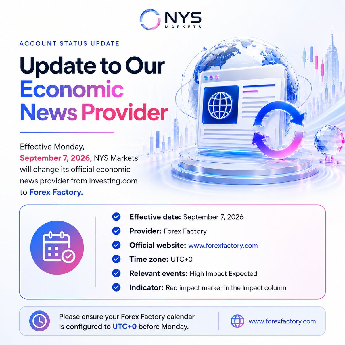 JeniferGomezNYS's tweet photo. From Monday, September 7, our official economic news provider will change from https://t.co/jFroM8m3il to Forex Factory. 📅 @NYSMarkets https://t.co/M6WSnmXCxi