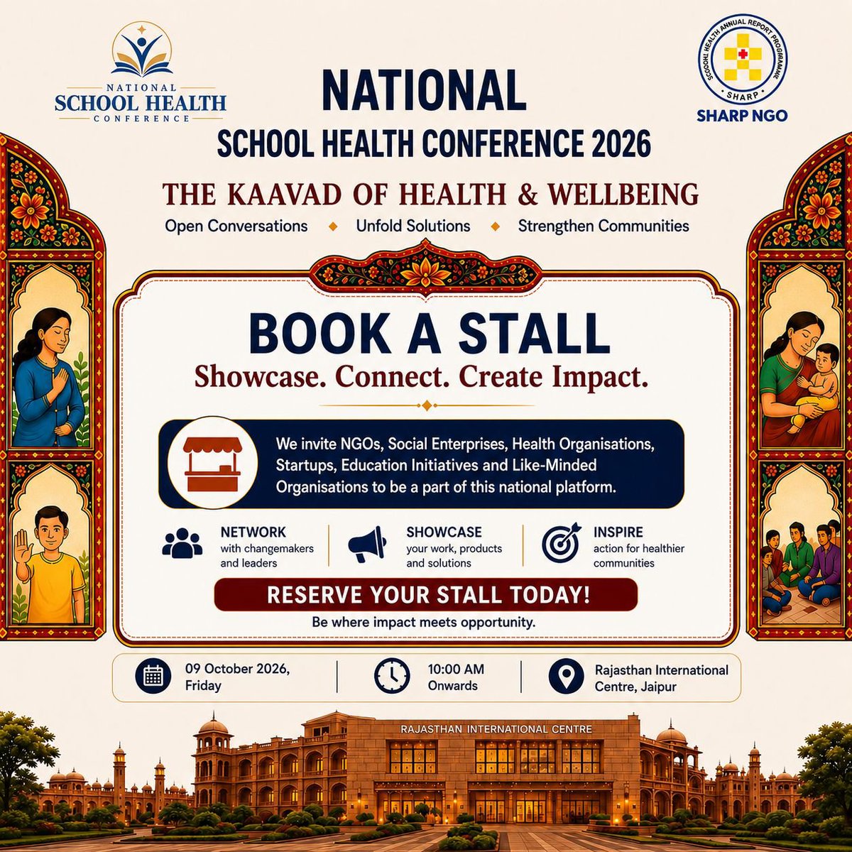 sharpngo's tweet photo. PUT YOUR WORK IN THE SPOTLIGHT!

Book a stall at the National School Health Conference 2026 and showcase your organisation, products, innovations &amp; solutions to a diverse network of health and education stakeholders.

🔗 https://t.co/dWyhFsyrUj

#Exhibition #SchoolHealth #jaipur https://t.co/0m8VJeJCJh