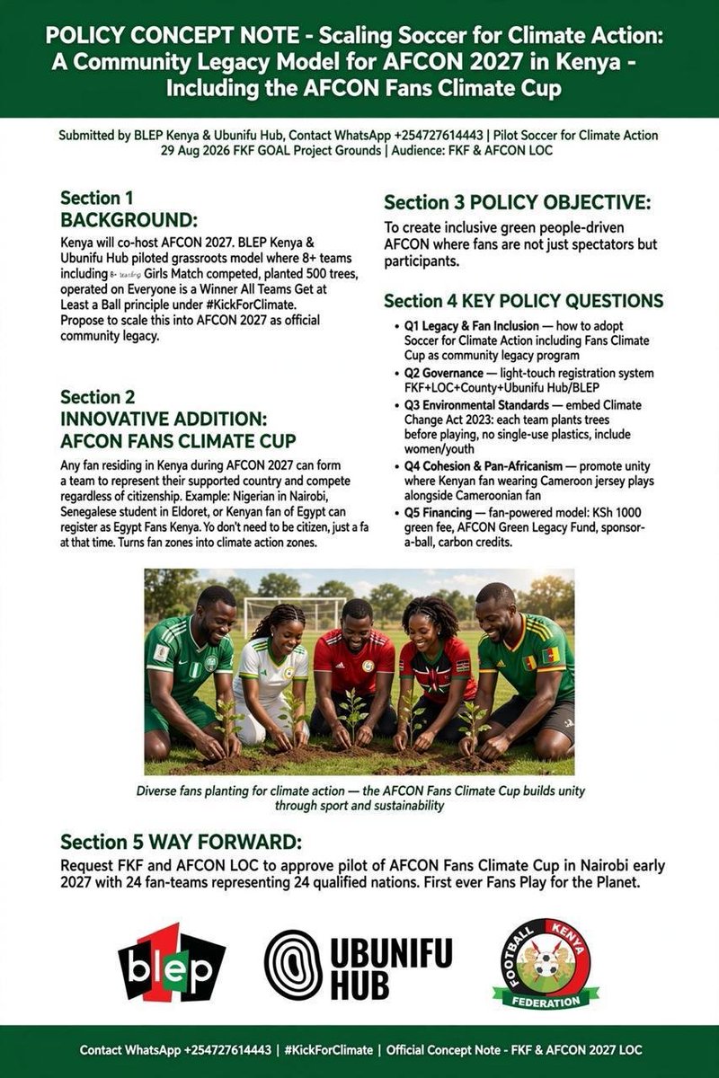 Blep_Kenya's tweet photo. Introducing the AFCON Fans Climate Cup:  
Any fan in Kenya can form a team for their country, play &amp; plant trees.
No citizenship required. Just passion + action.

Pilot request to FKF &amp; AFCON LOC now.
First ever Fans Play for the Planet 🌱
#KickForClimate #AFCON2027 https://t.co/ynF23p4m90