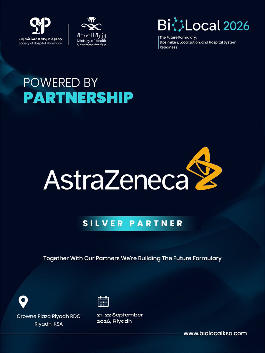 SHP_Sa2030's tweet photo. Proud to welcome AstraZeneca as a Silver Sponsor of BioLocal KSA Congress 2026.
Localization takes partners. Thank you for backing the Kingdom’s Future Formulary.
21–22 September 2026 | Crowne Plaza Riyadh RDC
Register at https://t.co/Tx15Pz98wh
#BioLocal2026 #BioLocalKSA #PoweredByPartnership #Vision2030