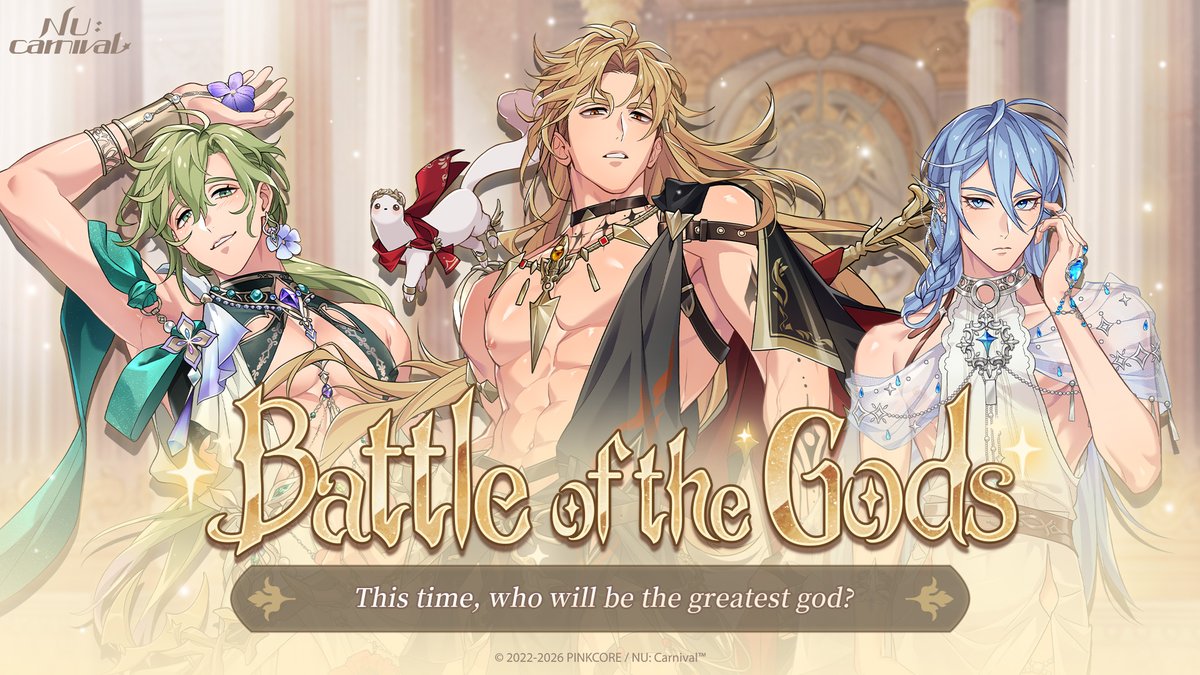 NUCarnivalEn's tweet photo. ⚔️ Battle of the Gods - Limited-Time Return ⚔️

⏰ Availability: Today until Oct 1, 12:00 (UTC+8)

The fascinating thing about archaeology is how traces can teach you about the past! It's officially time to uncover the ruins 🔎
Eiden, Olivine, Quincy and Edmond are lost in illusory ruins and must undergo a "competition" to fill in spaces lost to time.
Step into the illusion and piece together the murals' former appearance!

See the official website for details:
https://t.co/MWWtb5ci0I 

#NUCarnival #EventRerun #BattleoftheGods #Olivine #Quincy #Edmond