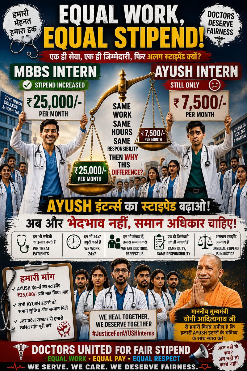 pureayurved06va's tweet photo. Equal Work, Equal Pay is law. UP paying AYUSH ₹7.5K vs MBBS ₹25K is clear discrimination. We demand ₹25K!
@ayushupdept
@dayalugurubjp @SureshKKhanna @CMOfficeUP
@upayushdept @moayush
#25kforAYUSH 
#hikeAYUSHstipend 
#AYUSHInternsUP https://t.co/B90CNGPT6r