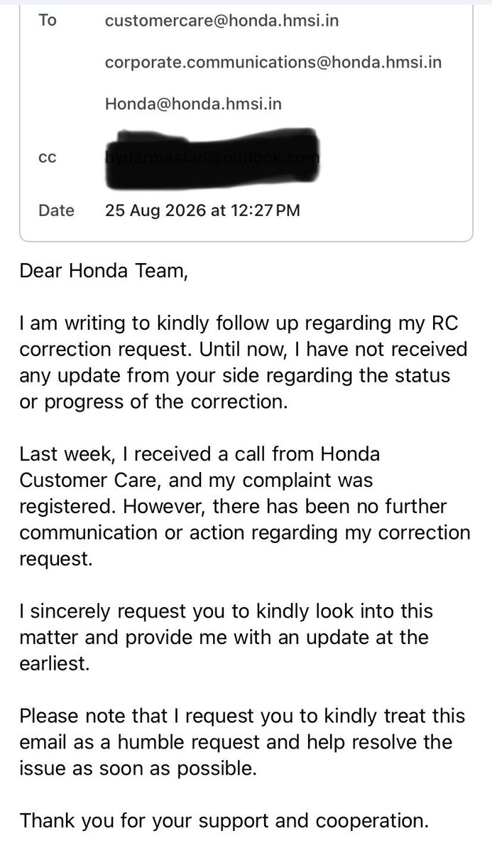 hyder_raees's tweet photo. @honda2wheelerin 

Dear Honda Team,
I am extremely disappointed with the customer service and the lack of response regarding my RC correction issue.

Despite continuously following up with Customer Care through both phone calls and emails, I have still not received any proper. https://t.co/kze7Z1nt0B