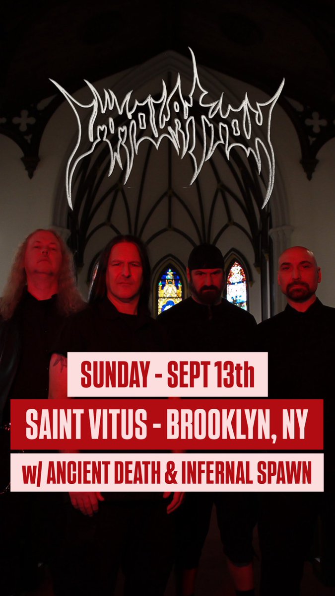 Immolation's tweet photo. @saintvitusbar is back!  Join us with @ancientdeathofficial &amp; @infernalspawn.666 on SUN 9/13!! 🔥  Ticket link in bio! 
.. or visit: https://t.co/k3tQ7Drhnn

@nuclearblastrecords #deathmetal #blackmetal #brooklyn #nyc #concert https://t.co/fYH1YFRksf
