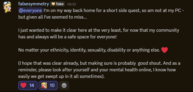 CascadeIsFrozen's tweet photo. Heartwarming message from False's Discord <3 https://t.co/EuLGzWEroE