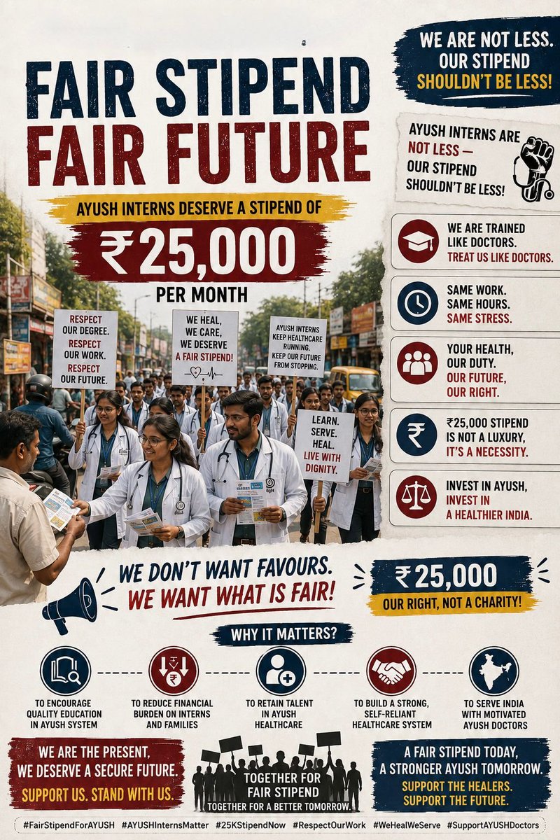Priyask6v's tweet photo. AYUSH students in UP deserve justice. ₹7,500 is a 15-year-old stipend. We ask for no favour—only a fair and dignified ₹25,000 stipend.

@ayushupdept @dayalugurubjp @SureshKKhanna @CMOfficeUP @upayushdept @brajeshpathakup

#25kforAYUSH #hikeAYUSHstipend #AYUSHInternsUP https://t.co/iEp61Yntyb