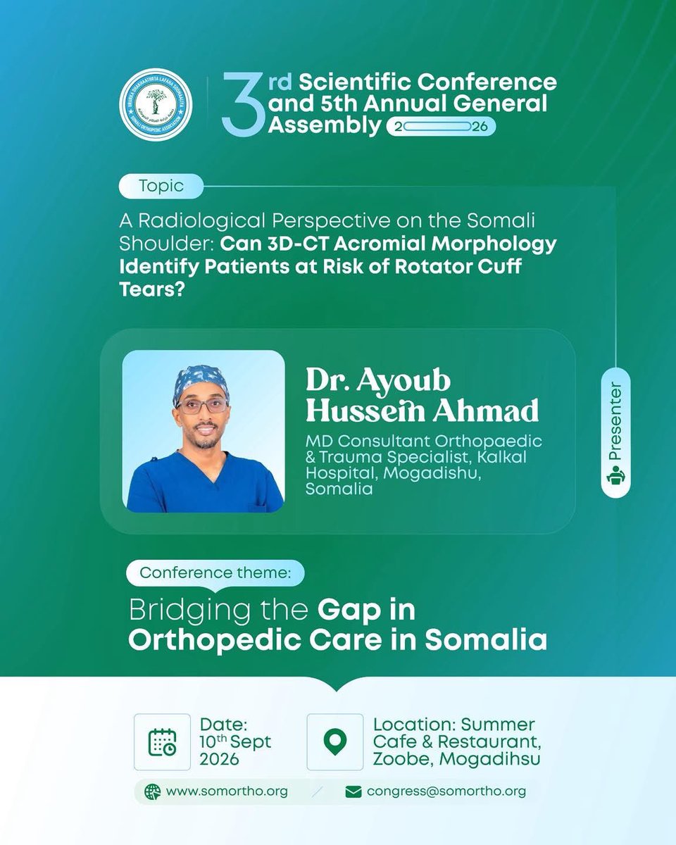 SomOrtho's tweet photo. The 3rd SOA Scientific Conference is officially 1 week away!
Our scientific program spans the full spectrum of orthopedic care in Somalia:
🔹 Severe Trauma &amp; Limb Salvage
🔹 Paediatric Orthopaedics &amp; Clubfoot Care
🔹 Complex Spine Deformity Correction
🔹 Bone Tumors 6 
#SOA2026 https://t.co/Hze49sAq9t