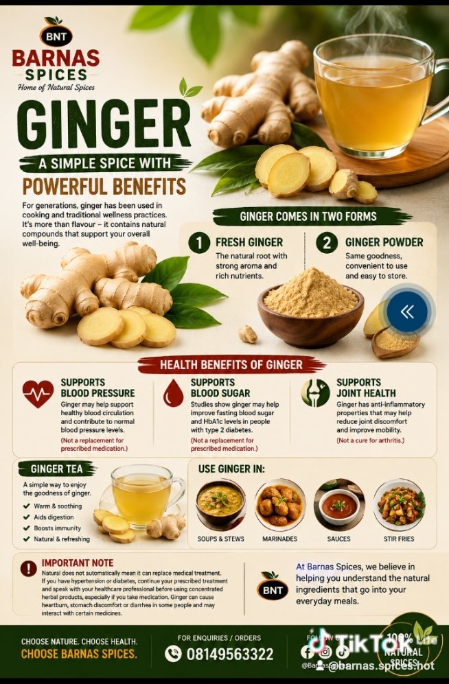 barnatezzy's tweet photo. 🫚 GINGER: MORE THAN JUST A SPICE! 🌿
Ginger contains natural compounds with antioxidant and anti-inflammatory properties. It may support healthy blood pressure, blood sugar and joint health when included in a balanced lifestyle. 

#GingerBenefits #GingerTea #HealthyEating https://t.co/kgxG60pU6z