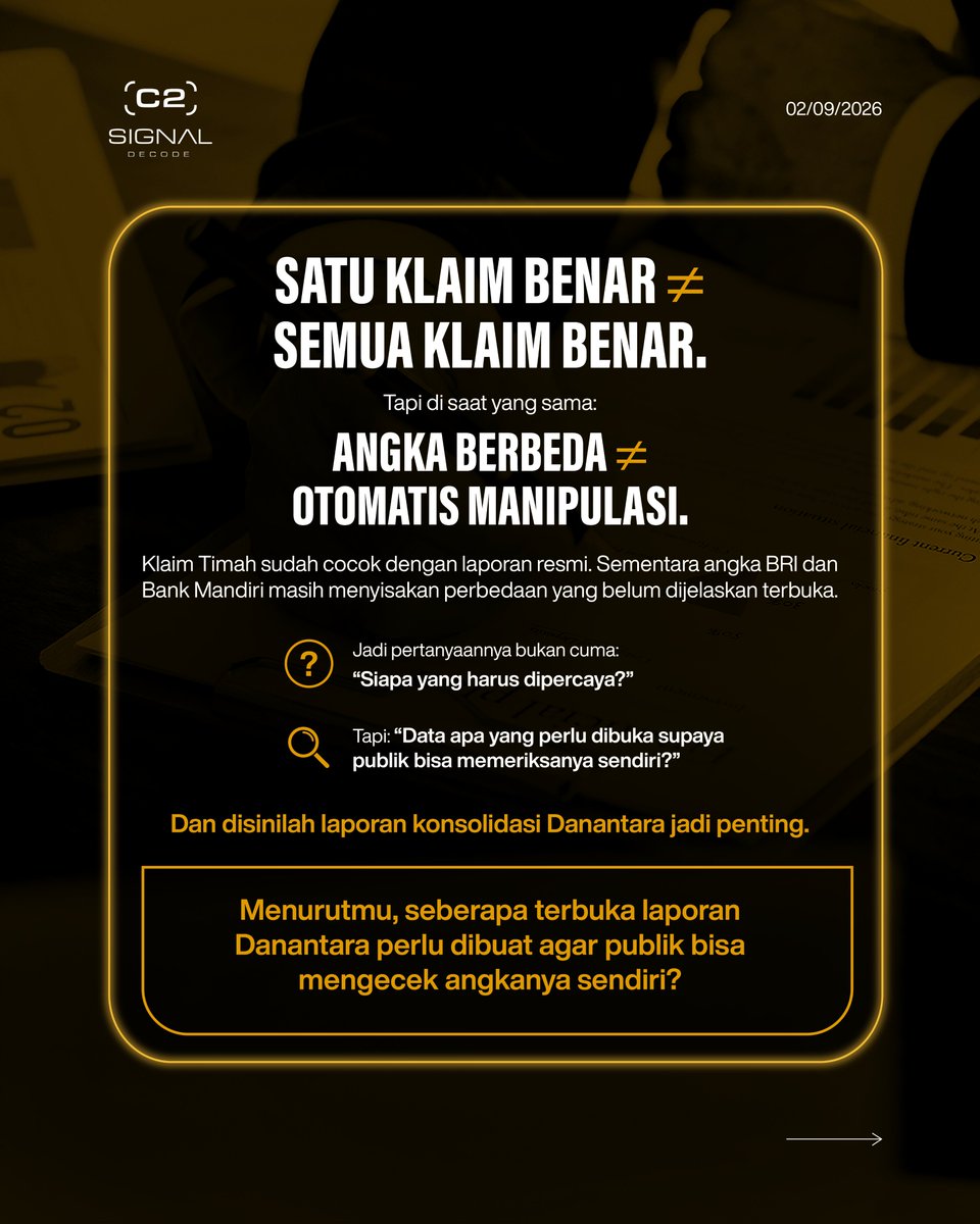 signal__decode's tweet photo. Apakah berarti overclaim? Belum tentu, yang kita butuhkan bukan sekadar percaya, tapi data yang bisa diperiksa.
#SignalDecode #Danantara #BUMN https://t.co/cme7W7Dpje