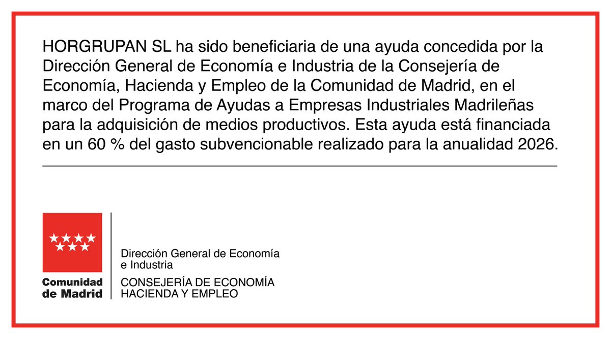 horgrupan's tweet photo. #AyudasIndustria #ComunidadDeMadrid #FinanciaciónPública #industriamadrid https://t.co/7jt4aZJmQU