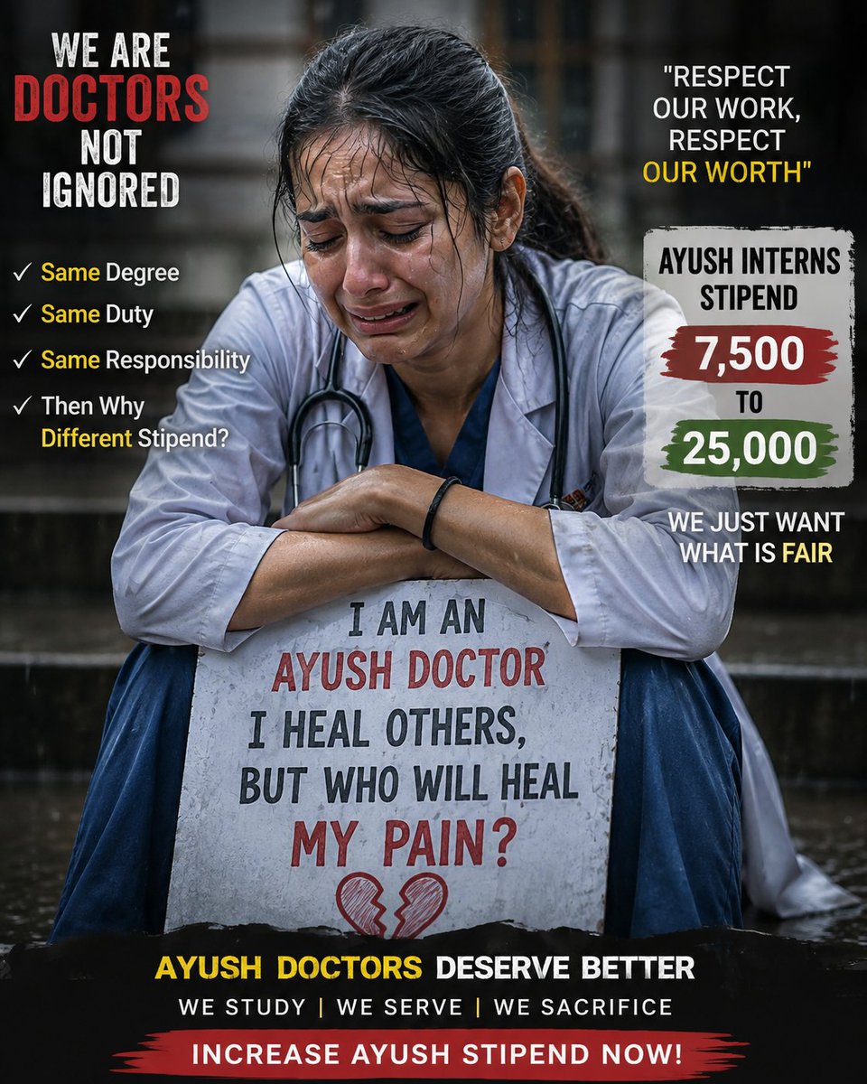 Saloni45338119's tweet photo. UP Govt promotes AYUSH globally but discriminates locally with ₹7.5K stipend. Respect healers, pay ₹25K equally!
@ayushupdept
@dayalugurubjp @SureshKKhanna @CMOfficeUP
@upayushdept @moayush
#25kforAYUSH 
#hikeAYUSHstipend 
#AYUSHInternsUP https://t.co/iDz4aNi17Y