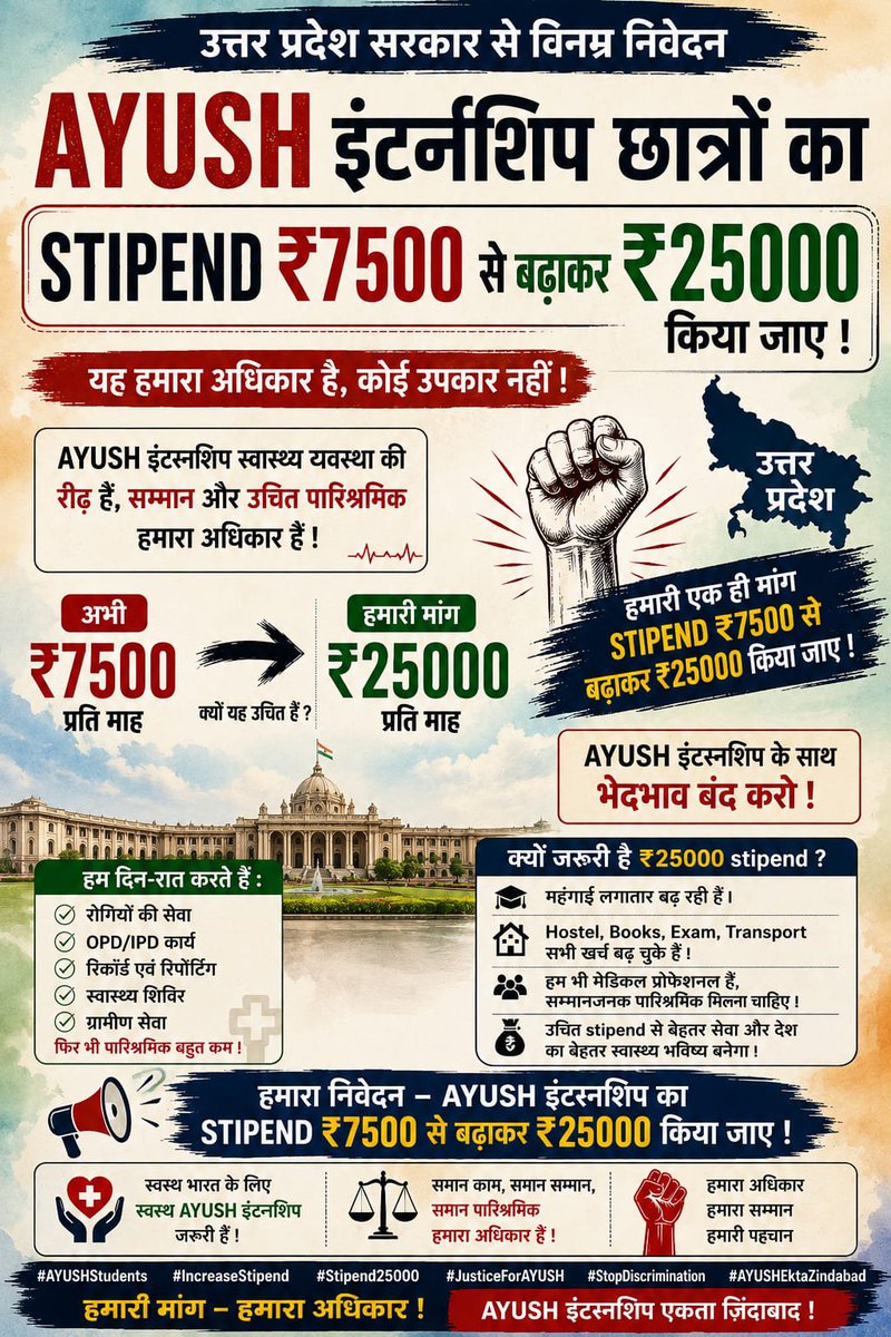 ALOKGUPTA9v43's tweet photo. AYUSH Interns का स्टाइपेंड ₹7,500 से बढ़ाकर ₹25,000 किया जाए।
सालों की मेहनत, क्लिनिकल ट्रेनिंग और मरीजों की सेवा के बदले सम्मानजनक स्टाइपेंड हमारा अधिकार है। ✊ https://t.co/yoEo4yC8Hu