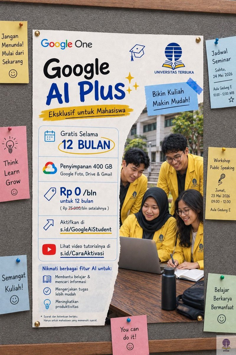 utfess's tweet photo. UT! Jangan lupa di claim Google Ai Plus gratis dari Google khusus mahasiswa Universitas Terbuka https://t.co/8s97jrup3K