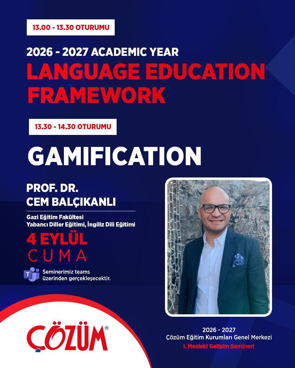 akademieryaman's tweet photo. Yeni eğitim-öğretim yılına güçlü bir başlangıç yapıyoruz.

Seminerimiz, Çözüm Eğitim Kurumları Genel Merkezi Yabancı Dil Bölüm Başkanlarımız, Çözüm Eğitim Kurumlarımızdaki yabancı dil eğitim yaklaşımını paylaşacakları oturumla başlayacak, Prof. Dr. Cem Balçıkanlı’nın oyunlaştırma yöntemlerinin dil öğretim sürecine nasıl entegre edilebileceğini anlatan sunumuyla devam edecektir.

Öğretmenlerimizin mesleki gelişimini destekleyen, güncel ve uygulanabilir yaklaşımları birlikte ele alacağımız verimli bir buluşma gerçekleştirmeyi hedefliyoruz.

We begin the new academic year with a strong start.

Our seminar will open with a session by the Heads of the Foreign Languages Departments at Çözüm Education Institutions Headquarters, sharing our institutions' approach to foreign language education, followed by Prof. Dr. Cem Balçıkanlı's presentation on how gamification methods can be integrated into the language teaching process.

We aim to hold a productive meeting where we can jointly explore up-to-date and practical approaches that support our teachers' professional development.