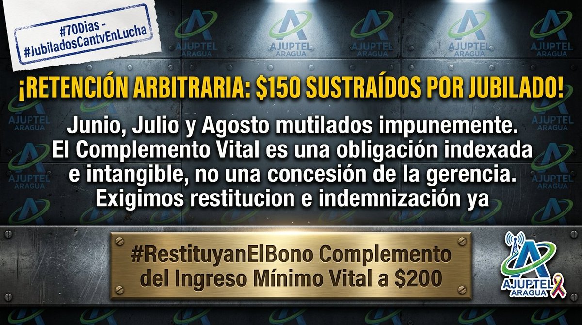 Hevejo261's tweet photo. #3Sept Marianela Minguet y Gcia. Laboral: ¡3 meses de retención indebida son $150 sustraídos a cada jubilado! @SalaPrensaCantv violan actas y el patrimonio laboral. #JubiladosCantvEnLucha en #70Dias exigen reembolso total y #RestituyanElBono Vital a $200 @Dinorahfiguera @UisJyp https://t.co/PaFPIr129v