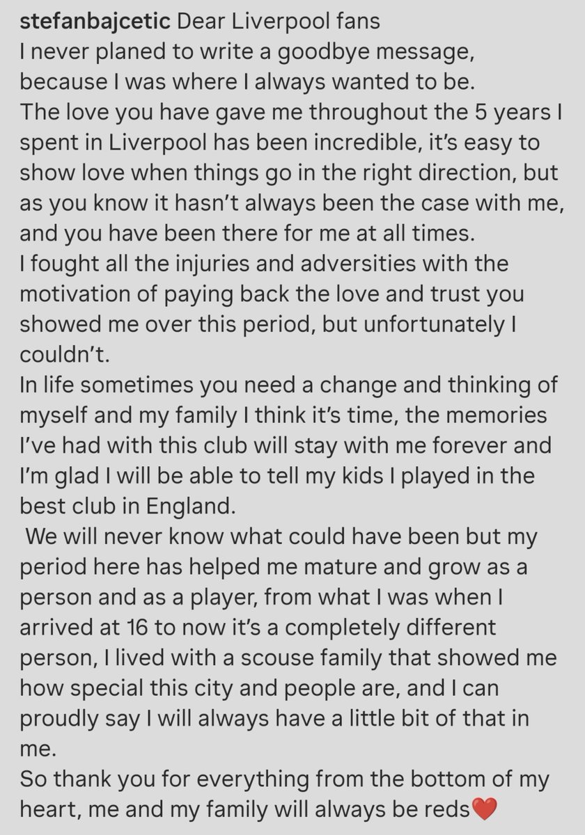 AnythingLFC_'s tweet photo. Stefan Bajcetic farewell message 🥲

“Dear Liverpool fans, I never planned to write a goodbye message, because I was always where I wanted to be.” 💔 https://t.co/YeF77KB5KU