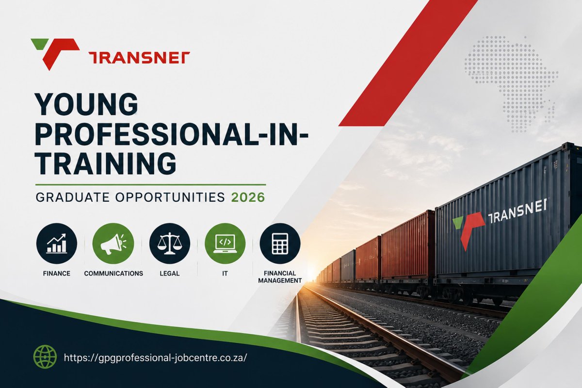 GPGVACANCIES's tweet photo. Transnet YPT Programme 2026

5 graduate trainee opportunities in Finance, Financial Management, Communications, Legal &amp; IT.

24 months | 🇿🇦 SA citizens aged 18-35
Closing: 10 &amp; 11 Sept 2026

Details &amp; apply: https://t.co/c1nyDJosOd

#TransnetJobs #GraduateJobs #SouthAfricaJobs https://t.co/S6ILxa4XdX