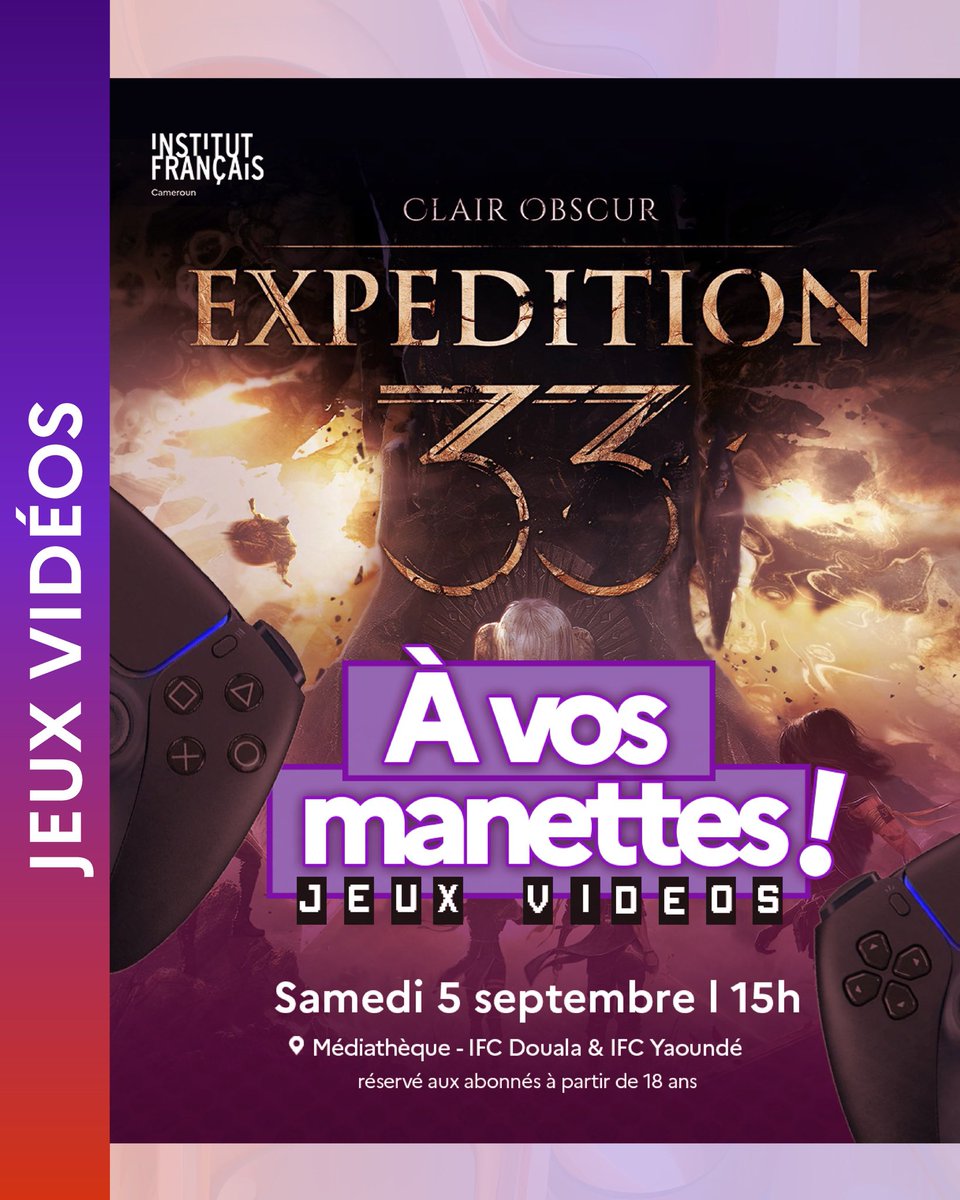 IFCameroun's tweet photo. 🎮 Samedi après-midi, on est ensemble pour « À vos manettes ! », le rendez-vous des gameurs et gameuses du Cameroun autour du jeu Clair Obscur: Expédition 33
📍 Médiathèque - IFC Douala 
🕒 15 H
🏷️ Réservé aux abonné.e.s à partir de 18 ans.

#InstitutfrançaisduCameroun #Douala https://t.co/mhI7tzxdlW