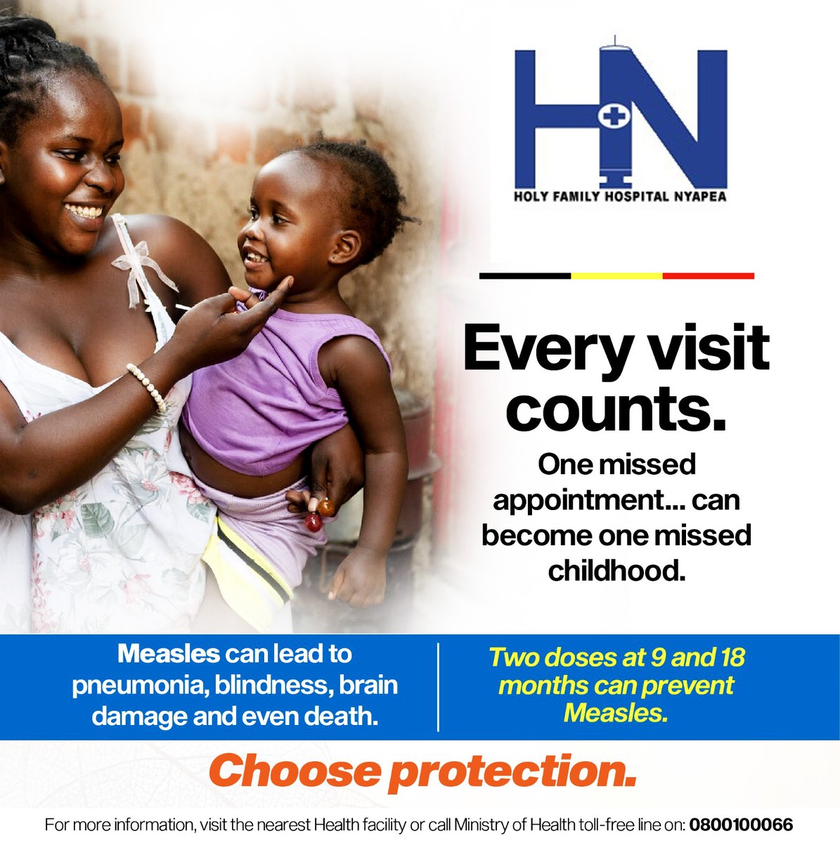 NyapeaHospital's tweet photo. Don't leave a child vulnerable to Vaccine Preventable Diseases.  
Protect your child from #Measles and its serious complications. 
Ensuring they receive both doses of the Measles vaccine at 9 and 18 months.  
Visit the nearest health facility and keep every appointment. https://t.co/3ep5pIc00n