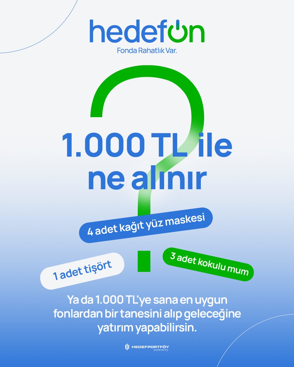 Hedefonapp's tweet photo. 1.000 TL ile bugün ne alınır? 🙄 
Yüz maskesi, tişört ya da kokulu mum…

Hızlıca harcamak yerine 1.000 TL'ye sana en uygun fonlardan bir tanesini alıp geleceğine yatırım yapabilirsin.

HedefOn’la fonda rahatlık var.
👉 https://t.co/msNfgb4lqF https://t.co/UAHdtLQrBQ