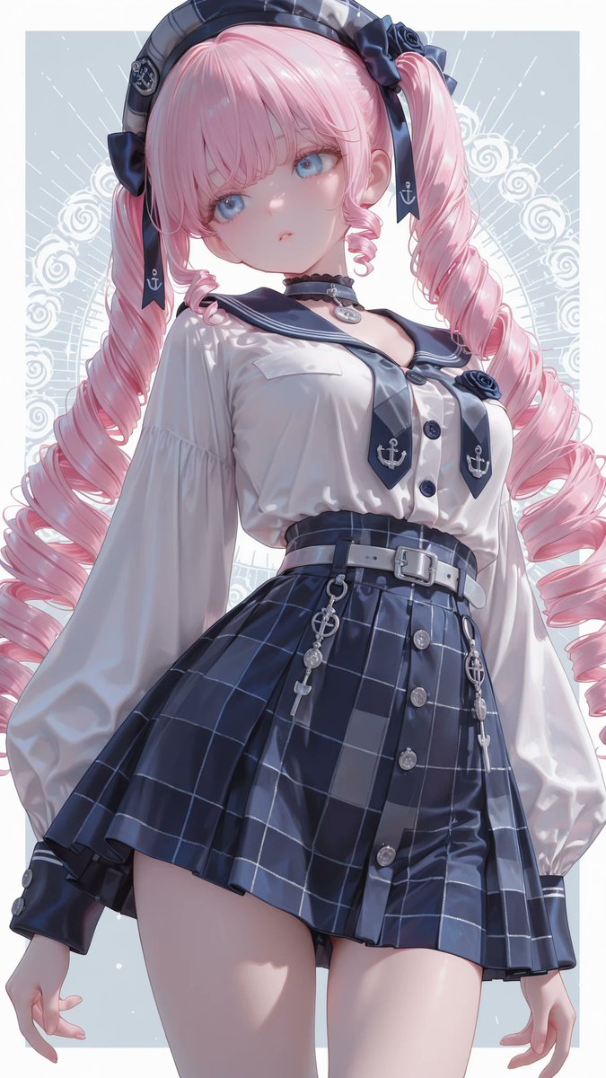 AliceLavli's tweet photo. ベレー帽とセーラー服のコーデの衣装プロンプトをどうぞ✨
セーラー服は何着あっても良いですね♪
navy and white marine girly outfit, pure-white blouse with long voluminous bishop sleeves, fitted navy cuffs decorated with two thin silver-gray stripes and small round silver buttons, wide dark-navy sailor collar edged with double silver-gray stripes and narrow ruffled trim, deep V-shaped neckline, large navy sailor neckerchief tied at the center chest with a round antique-silver brooch, small silver anchor embroidery on both ribbon tails, high-waisted dark-navy flared mini skirt, extra-wide structured waistband with two symmetrical rows of round antique-silver buttons, softly gathered full silhouette, double silver-gray stripes near the skirt hem, narrow dark-navy lace ruffle visible beneath the hem, matching dark-navy sailor beret with a silver nautical emblem, dark-navy lace choker with a small silver pendant, strict pure white, dark navy and antique-silver color placement, sweet feminine naval styling