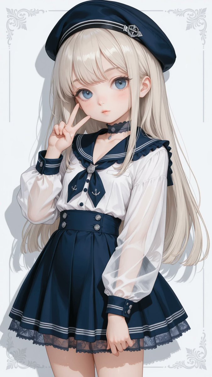 AliceLavli's tweet photo. ベレー帽とセーラー服のコーデの衣装プロンプトをどうぞ✨
セーラー服は何着あっても良いですね♪
navy and white marine girly outfit, pure-white blouse with long voluminous bishop sleeves, fitted navy cuffs decorated with two thin silver-gray stripes and small round silver buttons, wide dark-navy sailor collar edged with double silver-gray stripes and narrow ruffled trim, deep V-shaped neckline, large navy sailor neckerchief tied at the center chest with a round antique-silver brooch, small silver anchor embroidery on both ribbon tails, high-waisted dark-navy flared mini skirt, extra-wide structured waistband with two symmetrical rows of round antique-silver buttons, softly gathered full silhouette, double silver-gray stripes near the skirt hem, narrow dark-navy lace ruffle visible beneath the hem, matching dark-navy sailor beret with a silver nautical emblem, dark-navy lace choker with a small silver pendant, strict pure white, dark navy and antique-silver color placement, sweet feminine naval styling