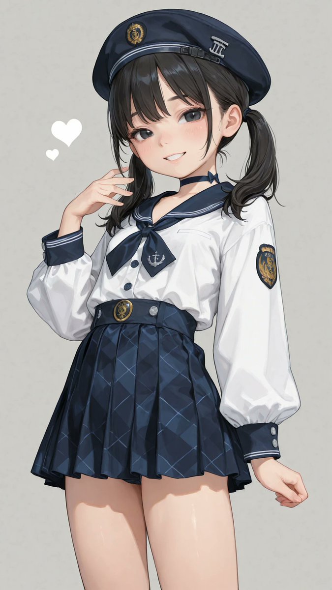 AliceLavli's tweet photo. ベレー帽とセーラー服のコーデの衣装プロンプトをどうぞ✨
セーラー服は何着あっても良いですね♪
navy and white marine girly outfit, pure-white blouse with long voluminous bishop sleeves, fitted navy cuffs decorated with two thin silver-gray stripes and small round silver buttons, wide dark-navy sailor collar edged with double silver-gray stripes and narrow ruffled trim, deep V-shaped neckline, large navy sailor neckerchief tied at the center chest with a round antique-silver brooch, small silver anchor embroidery on both ribbon tails, high-waisted dark-navy flared mini skirt, extra-wide structured waistband with two symmetrical rows of round antique-silver buttons, softly gathered full silhouette, double silver-gray stripes near the skirt hem, narrow dark-navy lace ruffle visible beneath the hem, matching dark-navy sailor beret with a silver nautical emblem, dark-navy lace choker with a small silver pendant, strict pure white, dark navy and antique-silver color placement, sweet feminine naval styling