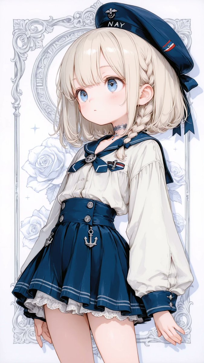 AliceLavli's tweet photo. ベレー帽とセーラー服のコーデの衣装プロンプトをどうぞ✨
セーラー服は何着あっても良いですね♪
navy and white marine girly outfit, pure-white blouse with long voluminous bishop sleeves, fitted navy cuffs decorated with two thin silver-gray stripes and small round silver buttons, wide dark-navy sailor collar edged with double silver-gray stripes and narrow ruffled trim, deep V-shaped neckline, large navy sailor neckerchief tied at the center chest with a round antique-silver brooch, small silver anchor embroidery on both ribbon tails, high-waisted dark-navy flared mini skirt, extra-wide structured waistband with two symmetrical rows of round antique-silver buttons, softly gathered full silhouette, double silver-gray stripes near the skirt hem, narrow dark-navy lace ruffle visible beneath the hem, matching dark-navy sailor beret with a silver nautical emblem, dark-navy lace choker with a small silver pendant, strict pure white, dark navy and antique-silver color placement, sweet feminine naval styling