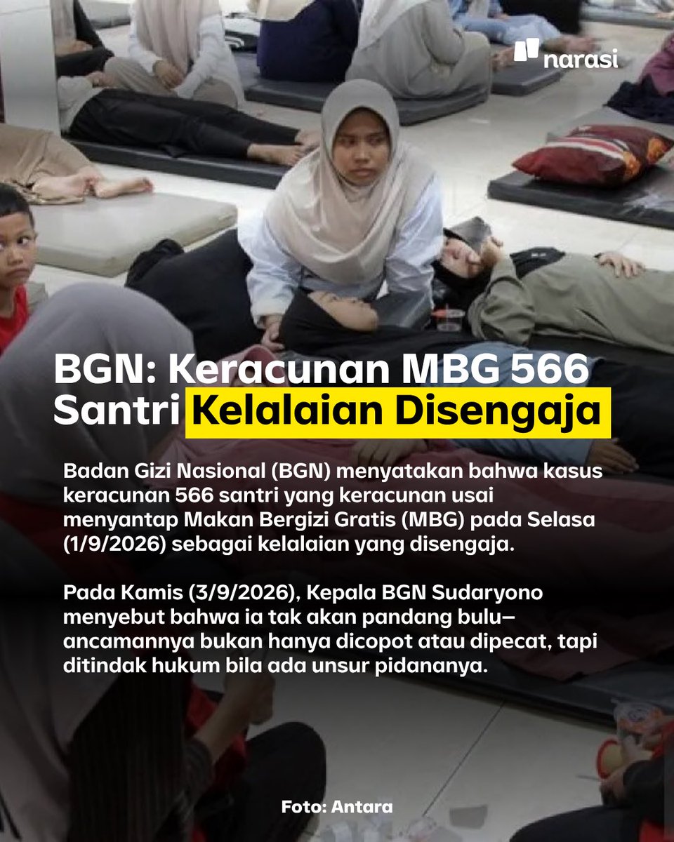 NarasiNewsroom's tweet photo. Seorang bocah laki-laki berusia 11 tahun meninggal dunia usai mengalami sesak napas dan penurunan kondisi kesehatan di Kabupaten Murung Raya, Kalimantan Tengah.

Selain itu, ada kabar Badan Gizi Nasional (BGN) menilai kasus 566 santri keracunan Makan Bergizi Gratis (MBG) di Sidoarjo sebagai kelalaian yang disengaja hingga harga tiket pesawat ekonomi berpotensi naik. Geser slide-nya sampai habis, ya.

| Narasi Daily