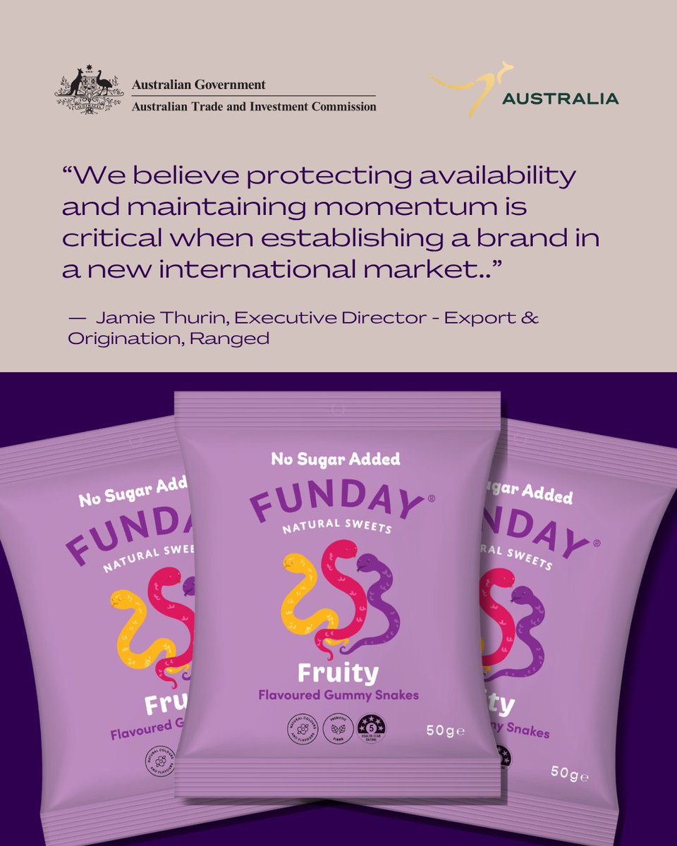 Austrade's tweet photo. Freight costs surged. Supply chains tightened. Funday kept growing. 

By using alternative transport to maintain stock supply and working closely with partners they maintained momentum in the UAE.🍬📦 

👉 Read more here: https://t.co/BgSp0vAYeP 

#GGT https://t.co/EhYADR1Tgj