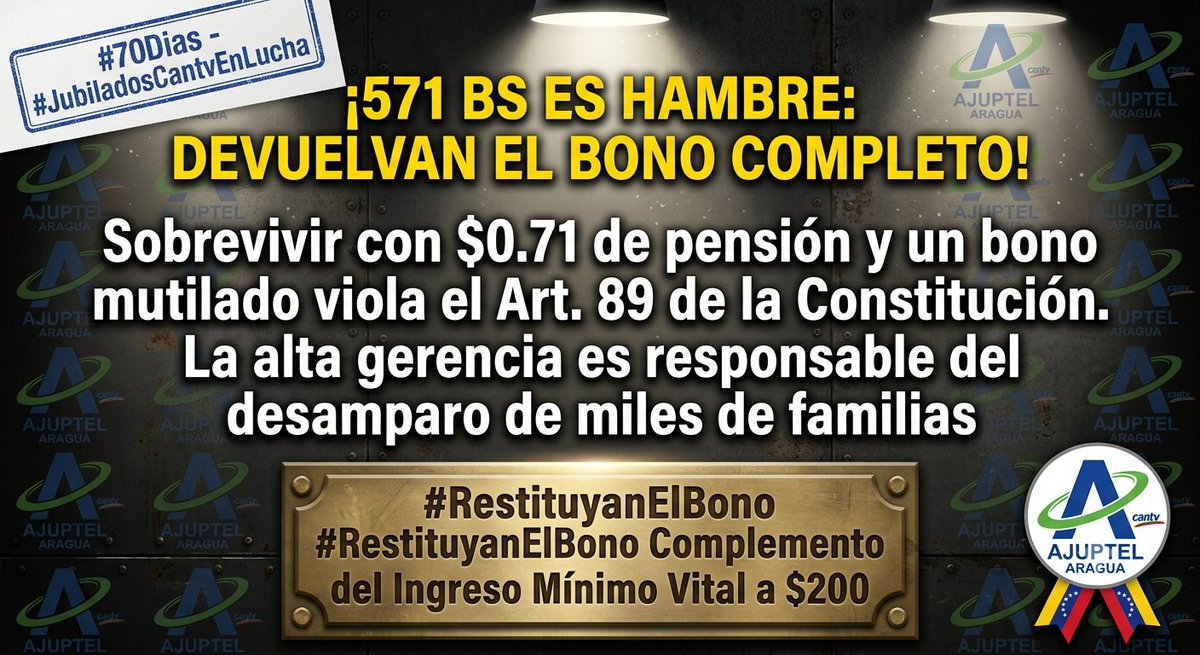 Hevejo261's tweet photo. #3Sept Marianela Minguet y Gcia. Laboral: ¡una pensión de $0.71 más la sustracción de $50 nos empuja a la miseria! @SalaPrensaCantv violan el Art 89 CRBV. #JubiladosCantvEnLucha no callarán en #70Dias hasta que #RestituyanElBono Vital a $200 @Dinorahfiguera @FSM_WFTU @la_patilla https://t.co/C4VOyBuusB