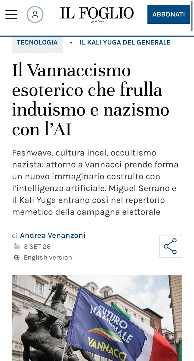 AndreaVenanzoni's tweet photo. Benvenuti nel criptico dedalo dell’Agartha vannacciana, dove il legislatore universale Manu viene sostituito dal generale in pensione.
Più che Ossendowski, Ungern Khan o l’oscuro Weisthor, il Rasputin di Himmler, qui siamo dalle parti di una Great Meme War con ciò che l’evoluzione tecnologica ha da offrire.
Le praterie digitali hanno sostituito il maniero di Wewelsburg con le chat e i social network e, soprattutto, l’intelligenza artificiale.
Meme e video AI slop con effigiato un generale Vannacci mistico adepto del padre del “nazismo occulto” Miguel Serrano, e altri con un Vannacci redpillato che prende a ceffoni ragazze che fanno l’aperisushi o interrompe sedute di psicoterapia per spezzare l’avvento del Kali Yuga o si azzuffa con maranza mantenendo posa mista tra supereroe fumettistico e kshatriya evoliano.
È la fashwave italica, il “vannaccismo esoterico”: nulla di realizzato dal partito ma che usa il logo ufficiale, quello sì, del partito e il volto di Vannacci, senza che il Vannacci vero abbia nulla da dire o da eccepire. 
Questa è la sua tattica, d’altronde. 
Non prendere alcuna posizione, mentre i suoi dirigenti e gli iscritti si scannano nelle chat, polemizzano contro il candidato Burgio non abbastanza fascista e contro gli esponenti di FN troppo demo-pluto-sionisti per i loro gusti.
Paradossale, ma Futuro Nazionale si avvia ad essere davvero il primo partito AI slop (più che virtuale) non per volontà propria o per propria strategia.
Il problema è che quando gratti via questa roba rimane solo la tragica chat del calcetto di un gruppo di boomer scartati al concorso in Penitenziaria e di zio Peppino che dice di stare nei servizi ma in realtà fa le fotocopie di Gnosis.